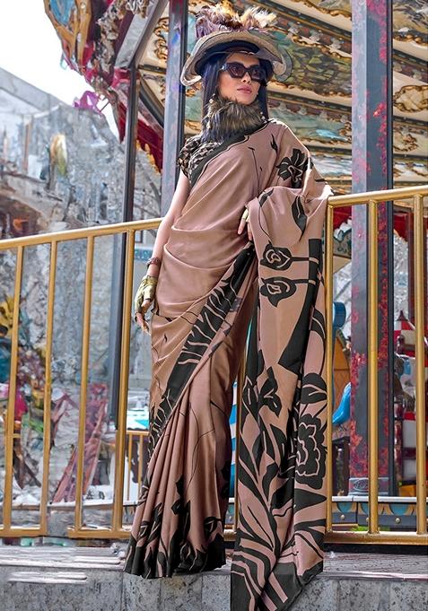 Brown Printed Satin Saree Set