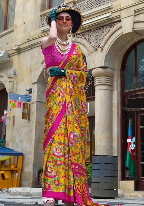 Mustard Printed Satin Saree Set