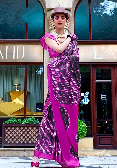 Magenta Printed Satin Saree Set