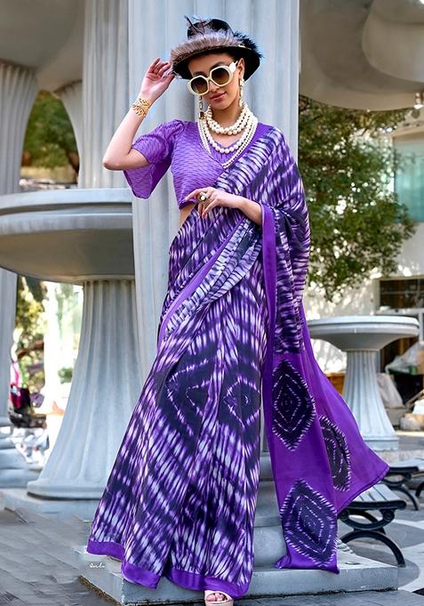 Dark Violet Printed Satin Saree Set