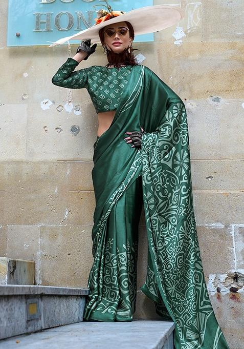 Dark Green Printed Satin Saree Set