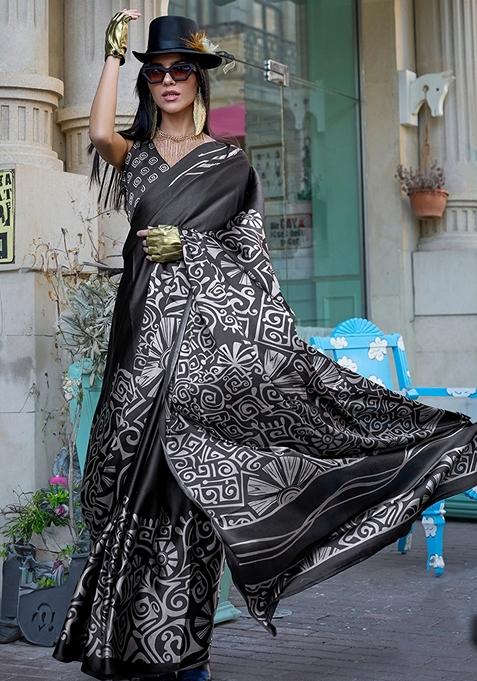 Black Printed Satin Saree Set