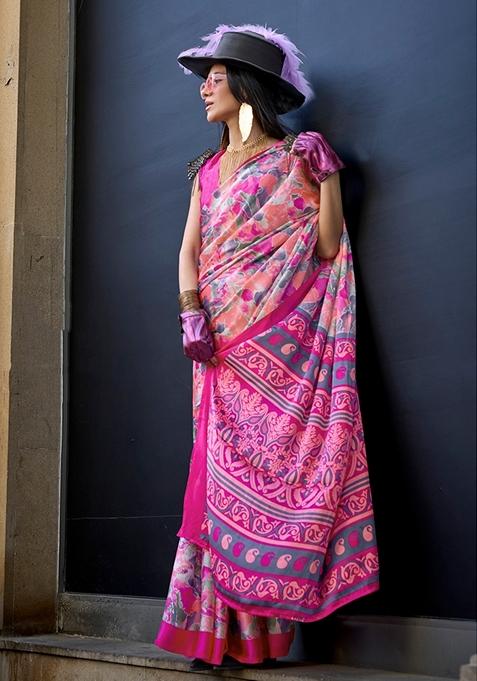 Pink Printed Satin Saree Set