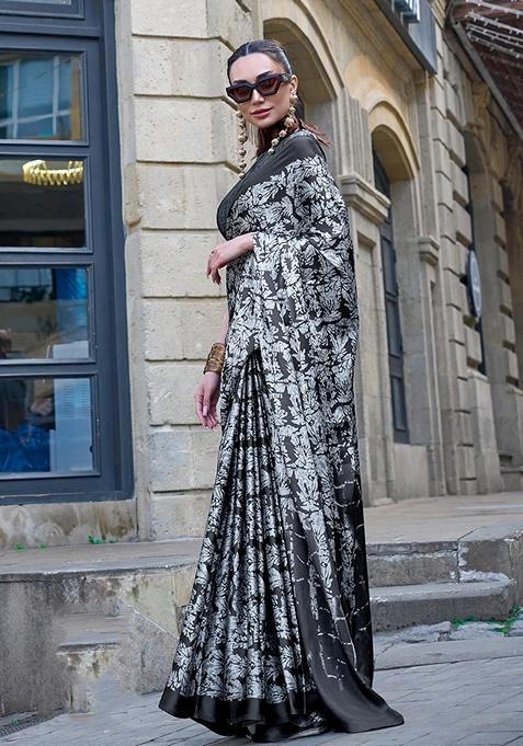 Black Printed Satin Saree Set