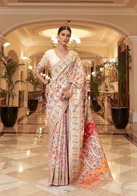 Cream Woven Silk Saree Set