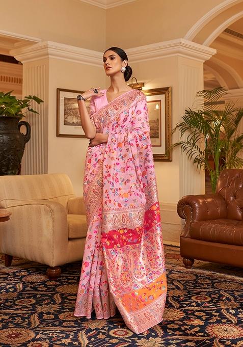 Pink Woven Silk Saree Set