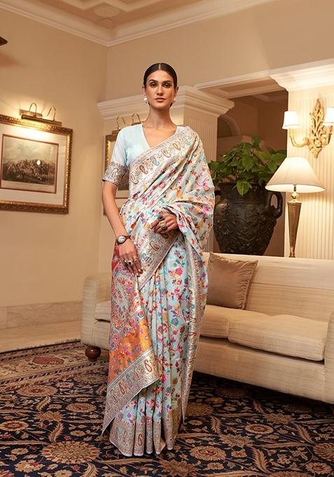 Light Blue Woven Silk Saree Set