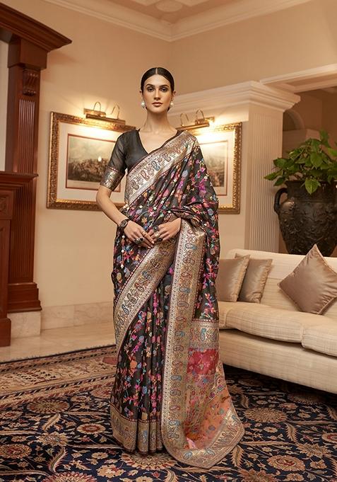 Coffee Brown Woven Silk Saree Set