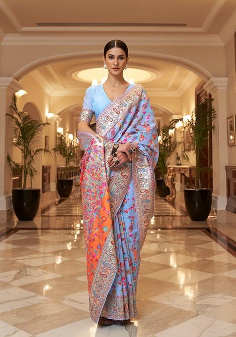 Sky Blue Woven Silk Saree Set