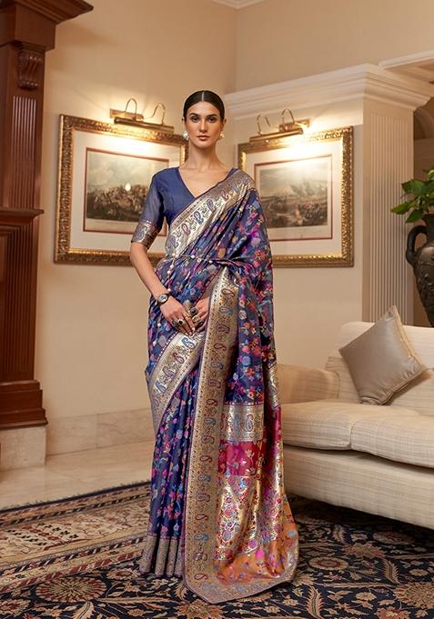 Navy Blue Woven Silk Saree Set