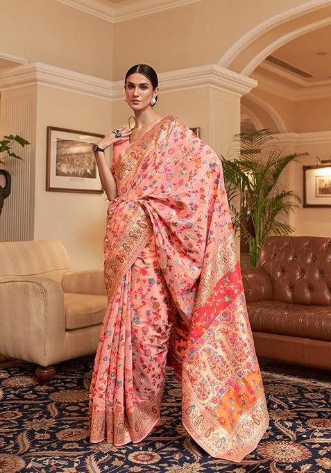 Peach Woven Silk Saree Set