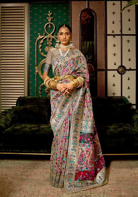 Light Grey Woven Silk Saree Set