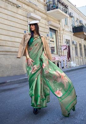 Light Green Printed Satin Saree Set