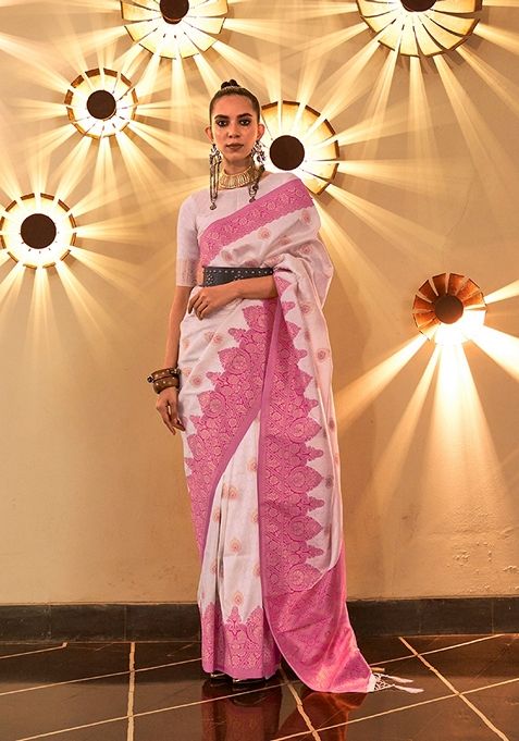 White Woven Silk Saree Set