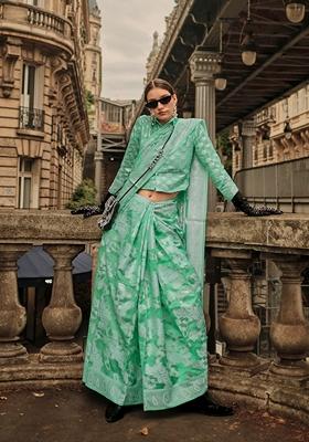 Sea Green Woven Organza Saree Set