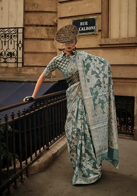 Light Sea Green Woven Organza Saree Set