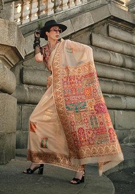Beige Woven Silk Saree Set