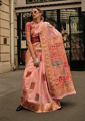 Peach Woven Silk Saree Set
