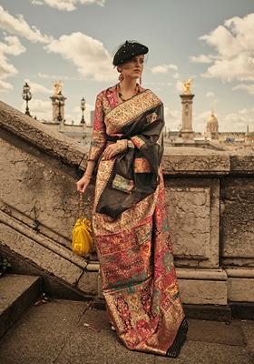 Black Woven Silk Saree Set