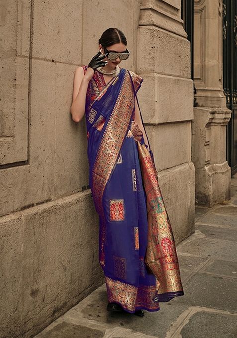 Blue Woven Silk Saree Set