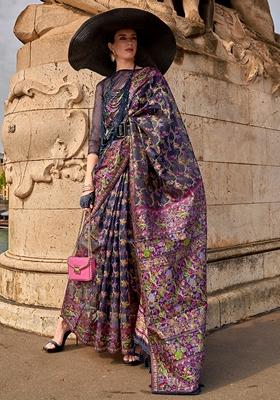 Navy Blue Hand Woven Organza Saree Set