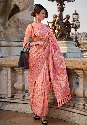 Peach Hand Woven Organza Saree Set