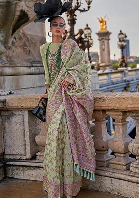 Light Green Hand Woven Organza Saree Set