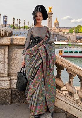 Grey Hand Woven Organza Saree Set