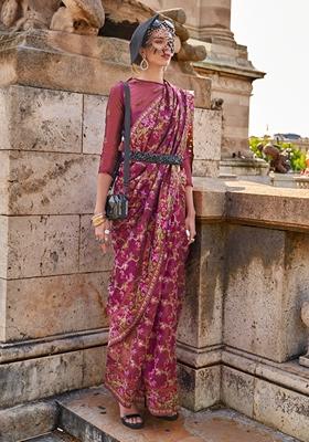 Magenta Hand Woven Organza Saree Set