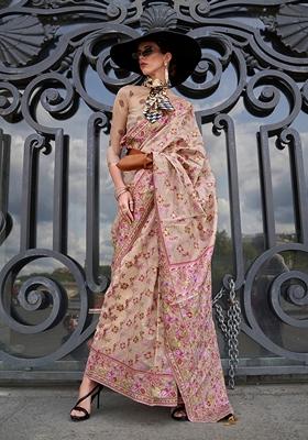 Beige Hand Woven Organza Saree Set