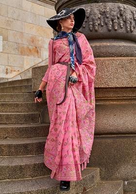 Pink Hand Woven Organza Saree Set