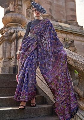 Purple Hand Woven Organza Saree Set
