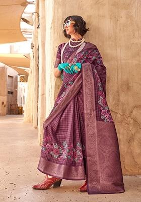 Burgundy Printed Woven Georgette Saree Set