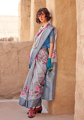 Grey Printed Woven Georgette Saree Set