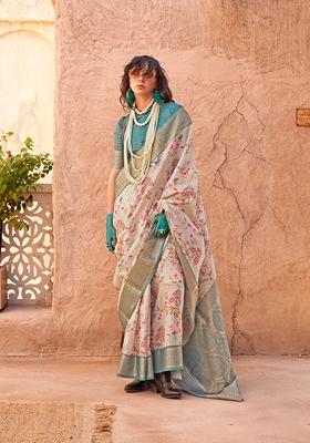 Cream Printed Woven Georgette Saree Set