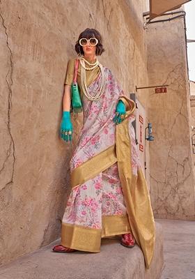 Light Grey Printed Woven Georgette Saree Set