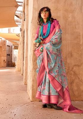 Aqua Blue Printed Woven Georgette Saree Set
