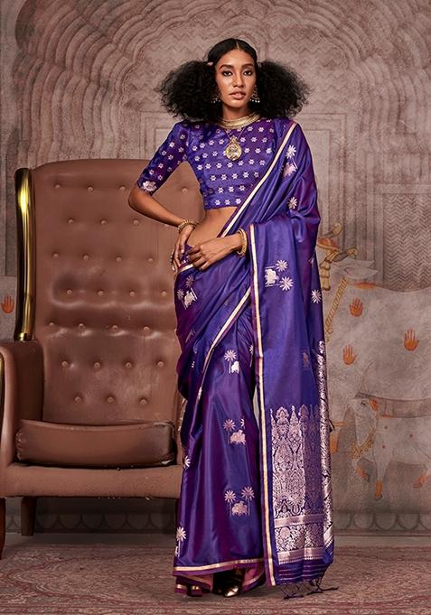 Violet Zari Woven Satin Saree Set