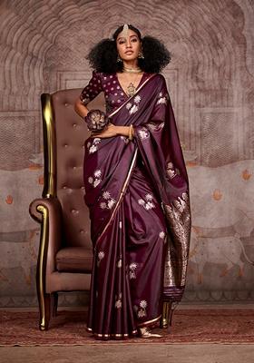 Wine Zari Woven Satin Saree Set