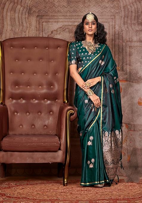 Dark Green Zari Woven Satin Saree Set