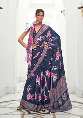 Navy Blue Digital Print Crepe Saree Set