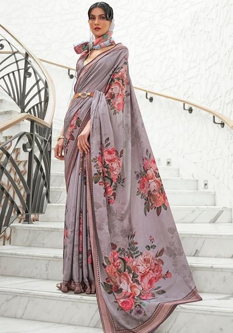 Grey Digital Print Crepe Saree Set