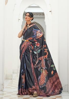 Black Digital Print Crepe Saree Set