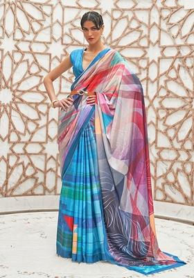 Blue Digital Print Crepe Saree Set