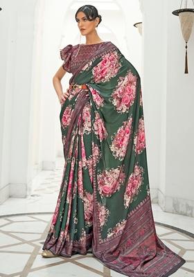 Dark Green Digital Print Crepe Saree Set