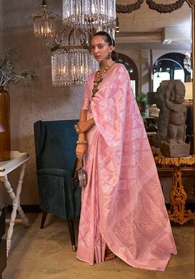Light Pink Zari Woven Linen Saree Set