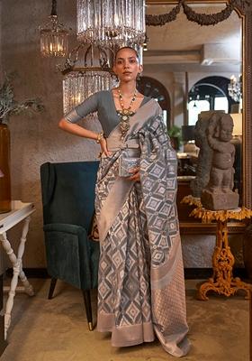 Grey Zari Woven Linen Saree Set