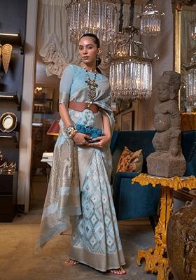Sky Blue Zari Woven Linen Saree Set
