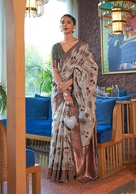 Light Grey Woven Organza Saree Set