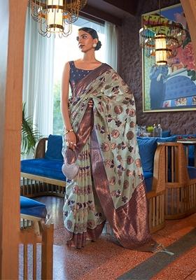 Light Blue Woven Organza Saree Set